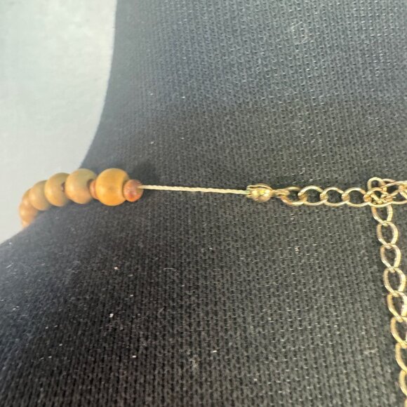 Wood Bead Necklace Adjustable Lobster Clasp 30 Inches Handmade Brown Gold Tone C - Picture 3 of 4
